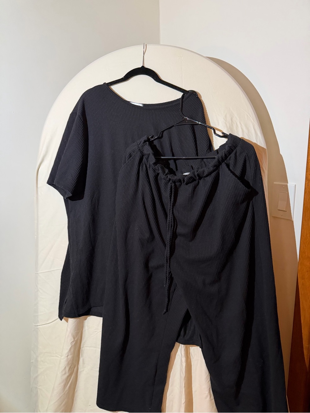 Black Ribbed Short Sleeve Top and Drawstring Pants Set